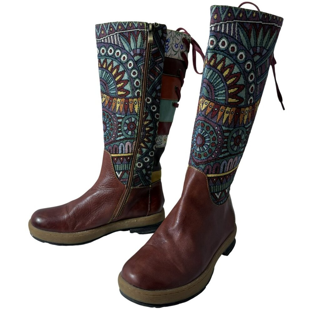 Socofy Bohemian Splicing Leather Knee-High Boots EU 39 | Patchwork | EUC